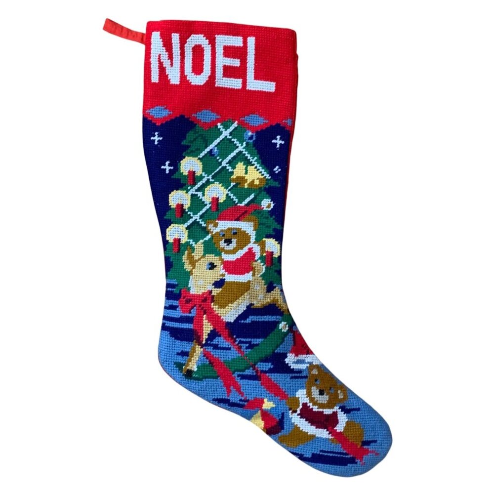 VTG Needlepoint NOEL Wool Blend Christmas Stocking Teddy Bears Deer Tree